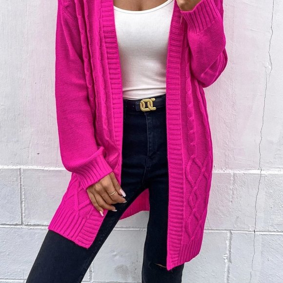 Hot Pink Casual Womens Cable Knit Drop Shoulder Cardigan - Picture 3 of 5